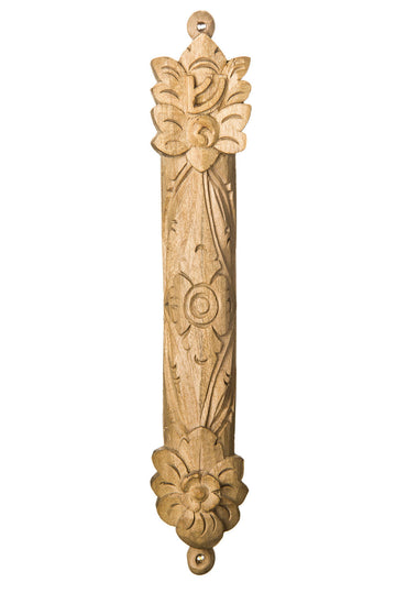 Light Cempaka wood mezuzah case hand carved with large blossoms at both ends and a shin
