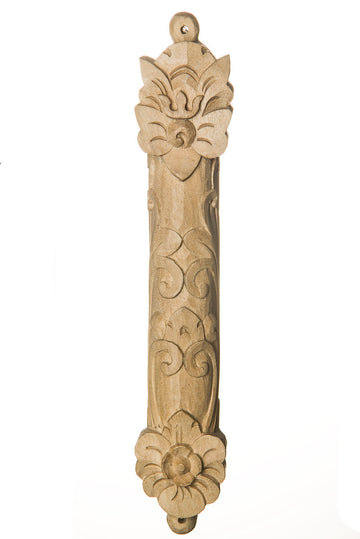 Crocodile wood mezuzah case, 6 inch, with scrolling carved relief between blossom ends