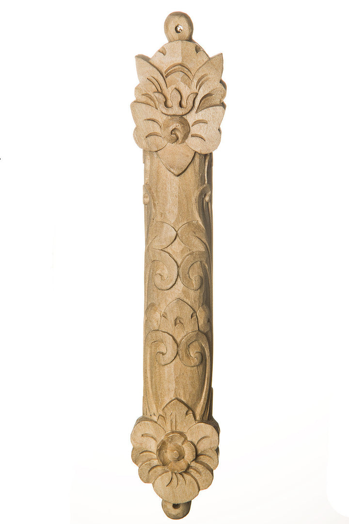 Crocodile wood mezuzah case, 6 inch, with scrolling carved relief between blossom ends