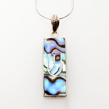 Rectangular abalone mezuzah pendant with a sterling silver Shin on a snake chain