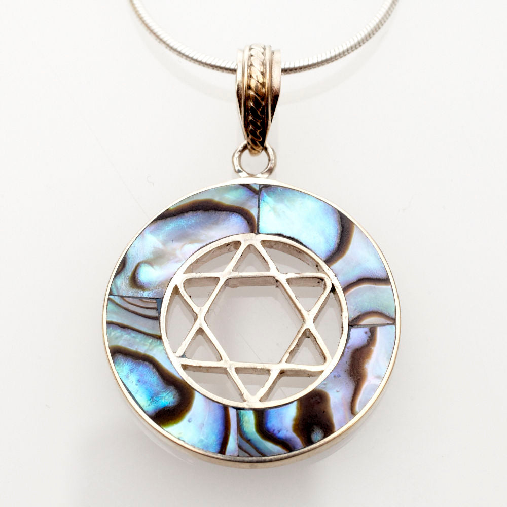 Abalone Round Sterling Silver Star Pendant | Judaica Square Lakewood