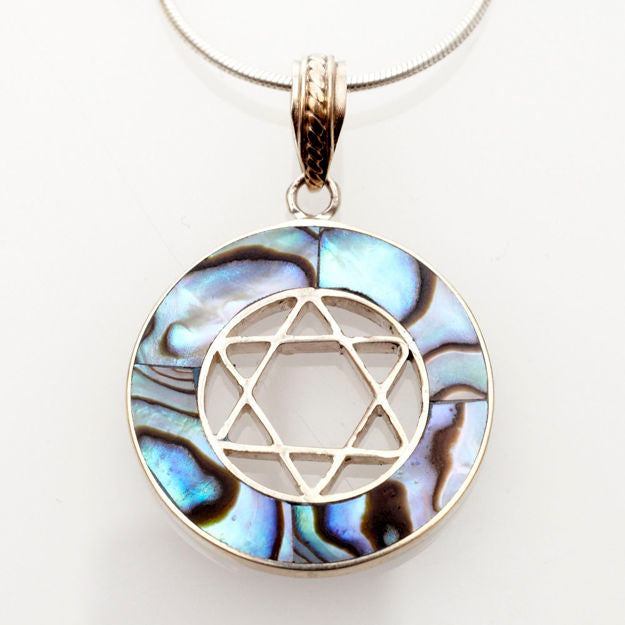 Abalone Round Sterling Silver Star Pendant — alternate view | Judaica Square Lakewood