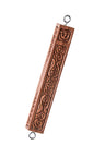 Reddish carved wood mezuzah case with swirl relief, shin at top and metal hanging loops