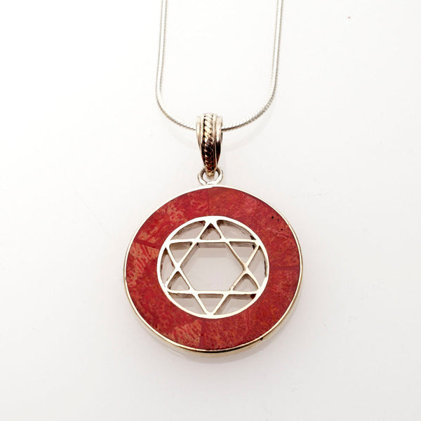 Red Coral Round Sterling Sliver Star Pendant | Judaica Square Lakewood