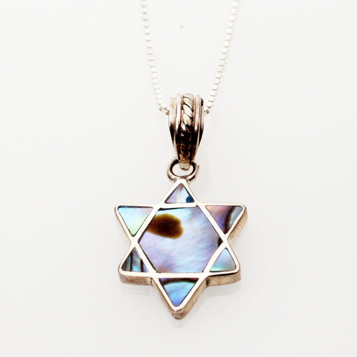Abalone Star of David pendant framed in sterling silver with a twisted bale on a fine chain