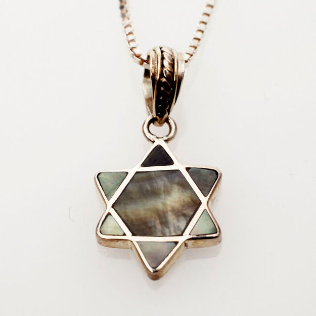 Black Mussel Shell and Sterling Silver Mini Star of David Pendant — alternate view | Judaica Square Lakewood