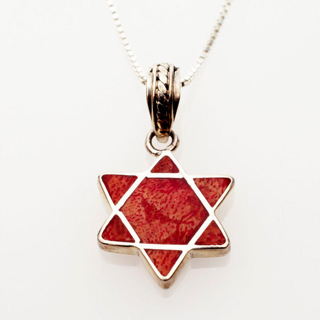 Red Coral and Sterling silver Mini Star of David Pendant — alternate view | Judaica Square Lakewood
