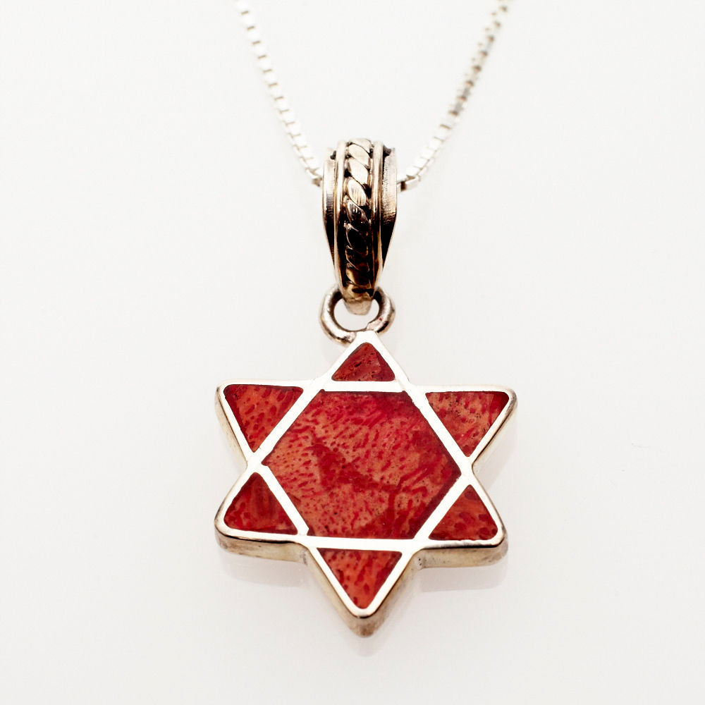 Red Coral and Sterling silver Mini Star of David Pendant | Judaica Square Lakewood