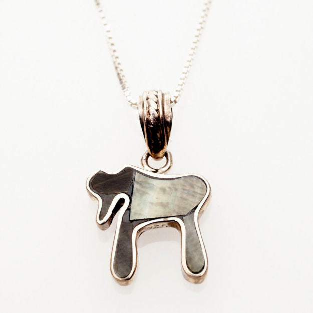 Black Mussel Shell and Sterling Silver Mini Chai — alternate view | Judaica Square Lakewood
