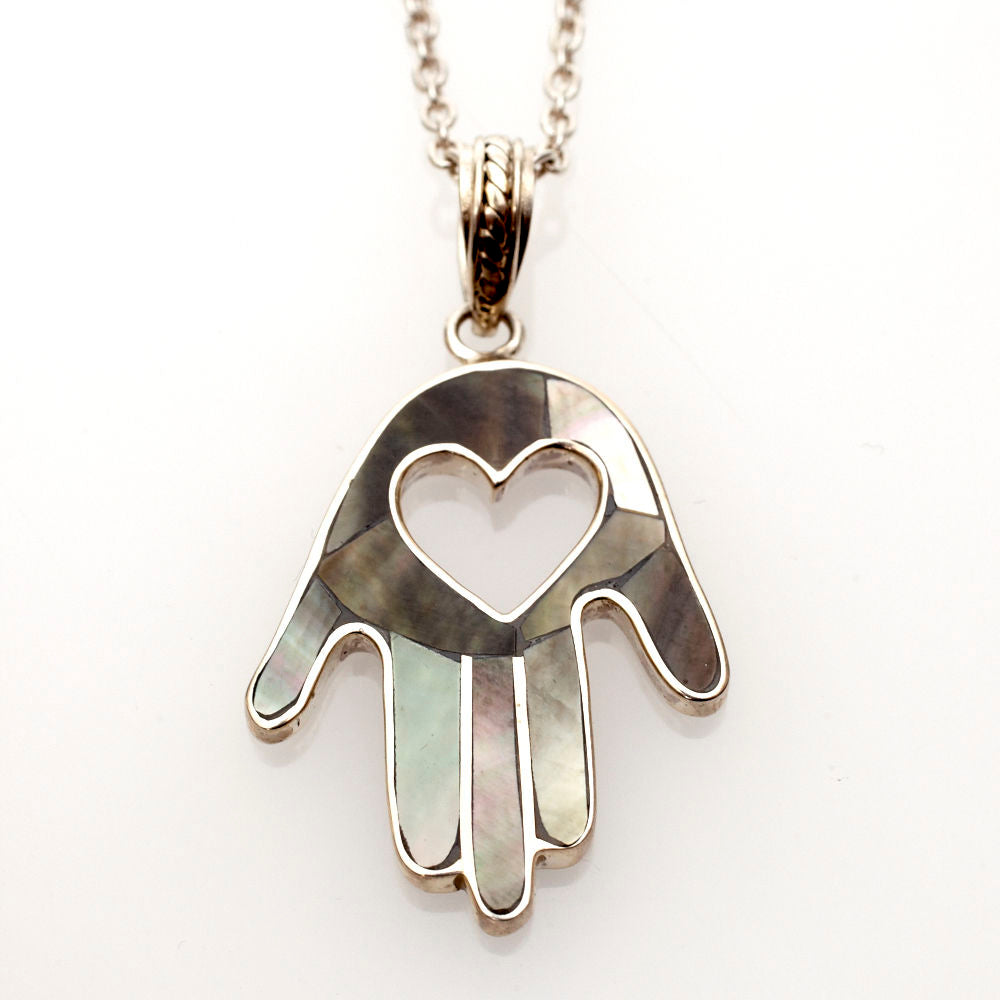 Black Mussel Shell and Sterling Silver Heart Hamsa | Judaica Square Lakewood