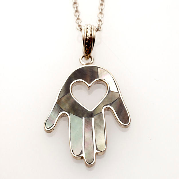 Black Mussel Shell and Sterling Silver Heart Hamsa — alternate view | Judaica Square Lakewood