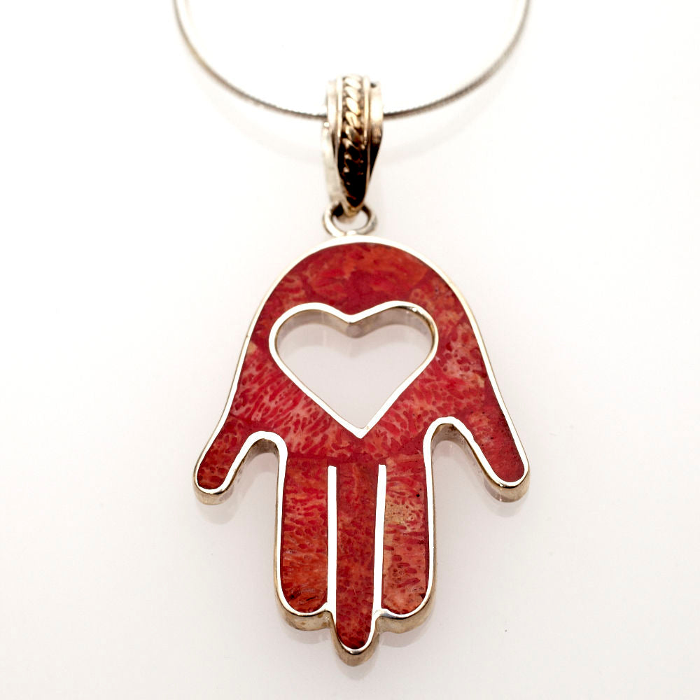 Red Coral and Sterling Silver Heart Hamsa | Judaica Square Lakewood