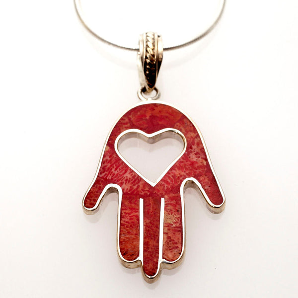 Red Coral and Sterling Silver Heart Hamsa | Judaica Square Lakewood