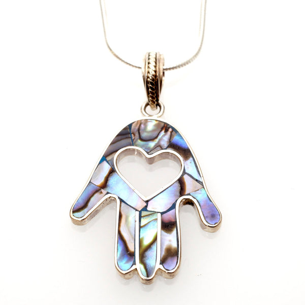 Abalone and Sterling Silver Heart Hamsa | Judaica Square Lakewood