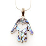 Iridescent blue-purple abalone hamsa with an open heart cutout, set in silver