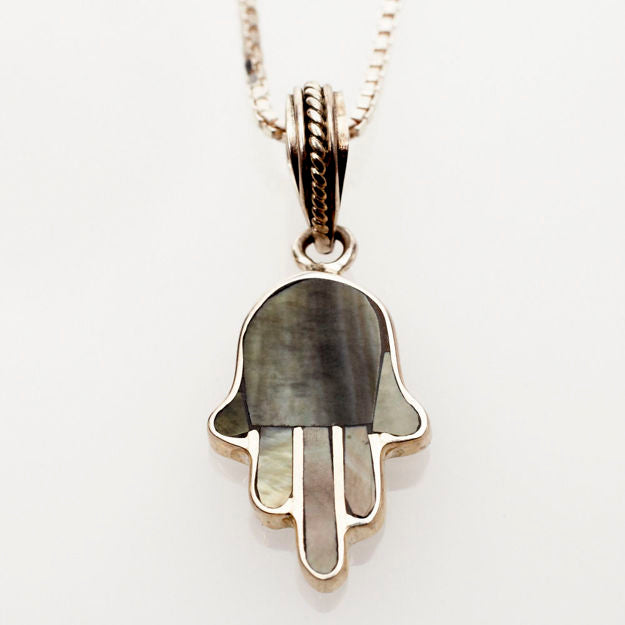 Black Mussel shell and Sterling Silver Mini Hamsa — alternate view | Judaica Square Lakewood