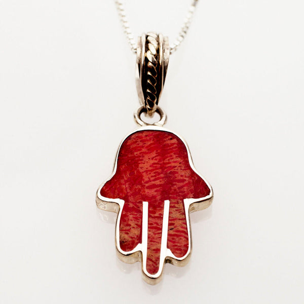 Red Coral and Sterling Silver Mini Hamsa | Judaica Square Lakewood