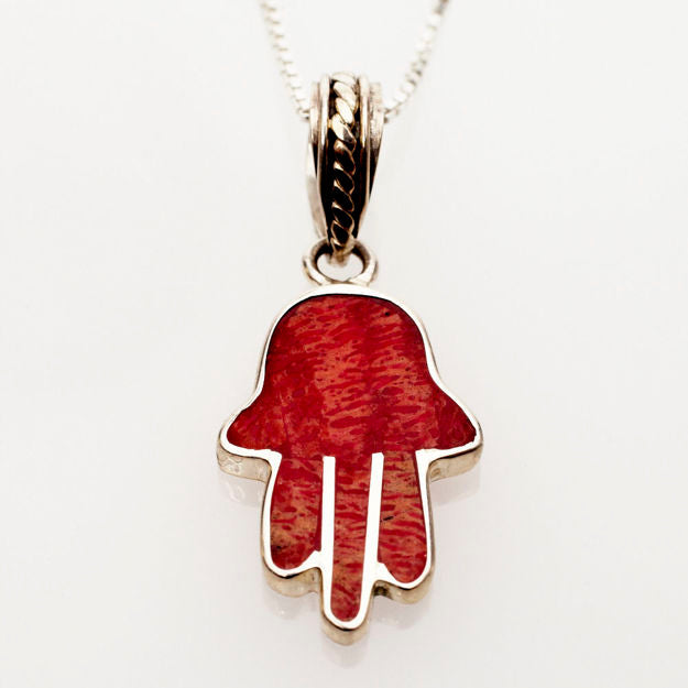 Red Coral and Sterling Silver Mini Hamsa — alternate view | Judaica Square Lakewood