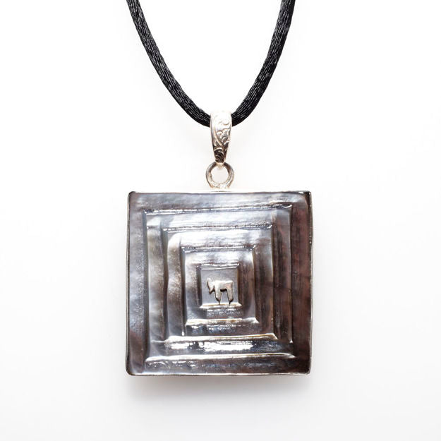 Black Mother of Pearl and Sterling Silver Small Square Carved Pendant — alternate view | Judaica Square Lakewood