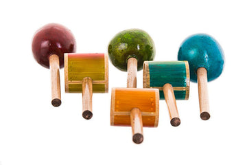 Six Purim maracas with round and box-shaped heads in red, green, teal, yellow and orange on light handles