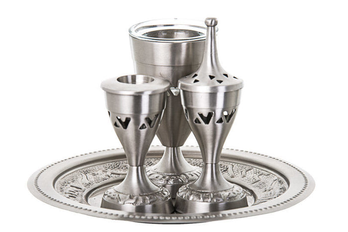 Pewter Havdalah set with glass-lined cup, heart cut-out spice tower and candle holder on an embossed tray