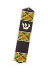 Dark wood mezuzah case with three green, orange and black straw panels and a straw Shin
