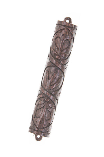 Dark ebony wood mezuzah case carved with oval leaf medallions and small end loops