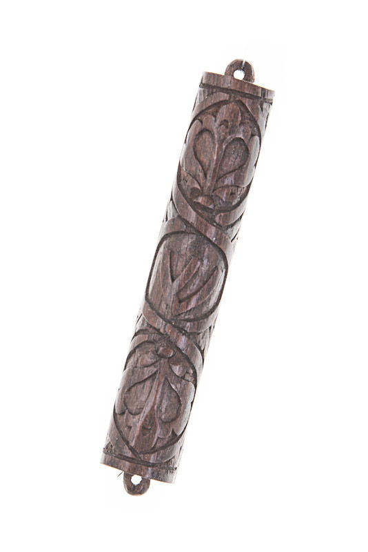 Dark ebony wood mezuzah case carved with oval leaf medallions and small end loops