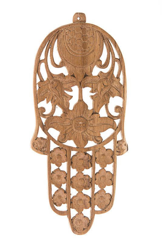 Teak wall hamsa with open carved floral fretwork and a hanging hole at the top