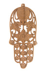 Teak wall hamsa with open carved floral fretwork and a hanging hole at the top