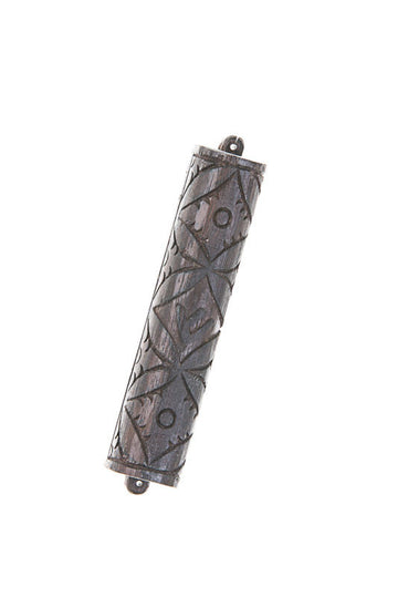 Grey-brown ebony mezuzah case with carved geometric lines and circles, loops at both ends
