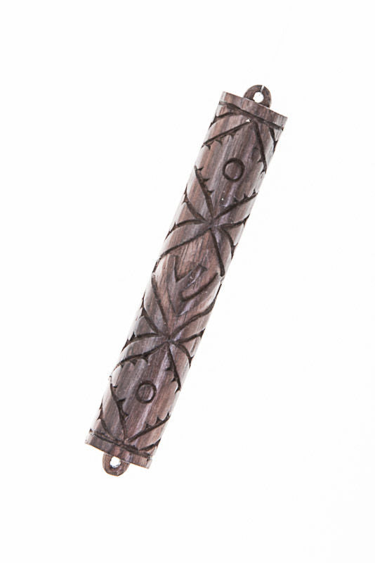 Dark teak mezuzah case with crisscross carving and mounting loops at both ends