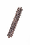 Dark teak mezuzah case with crisscross carving and mounting loops at both ends