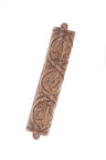 Teak wood mezuzah case carved with a winding vine and leaves, loops at each end