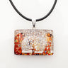 Rectangular crystal pendant printed with a golden Klimt tree design on a cord
