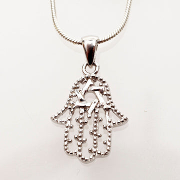 Silver hamsa outlined in tiny beads with an interlaced Star of David near the top