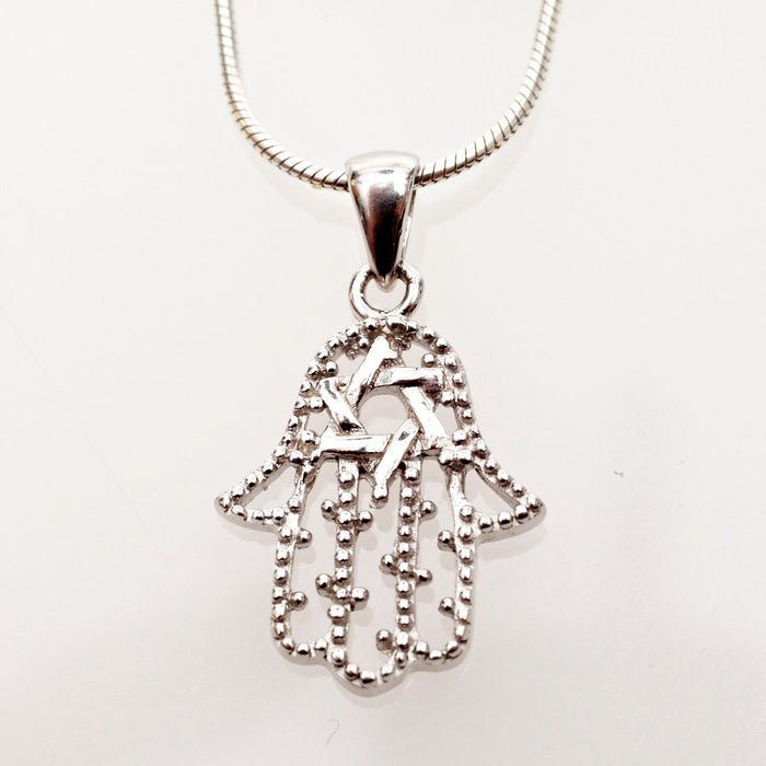 Silver hamsa outlined in tiny beads with an interlaced Star of David near the top