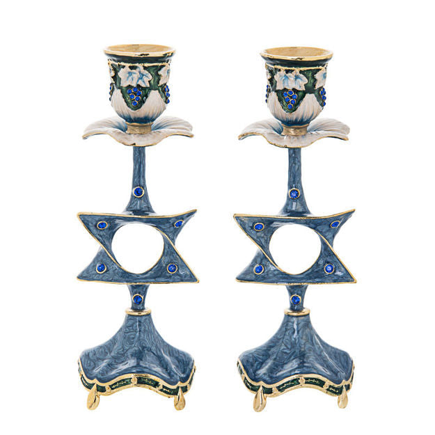 Star of David Jeweled Blue Candlestick — alternate view | Judaica Square Lakewood