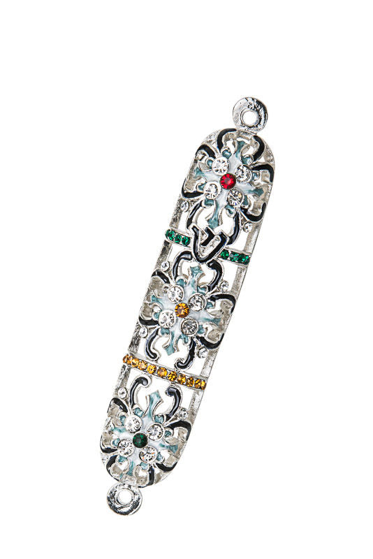 Silver-tone openwork flower mezuzah case with red, green, gold and clear stones and top and bottom loops