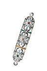 Silver-tone openwork flower mezuzah case with red, green, gold and clear stones and top and bottom loops