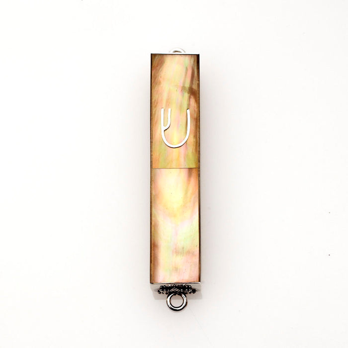 Bronze mussel shell mini mezuzah case with iridescent gold and rose tones and a silver shin