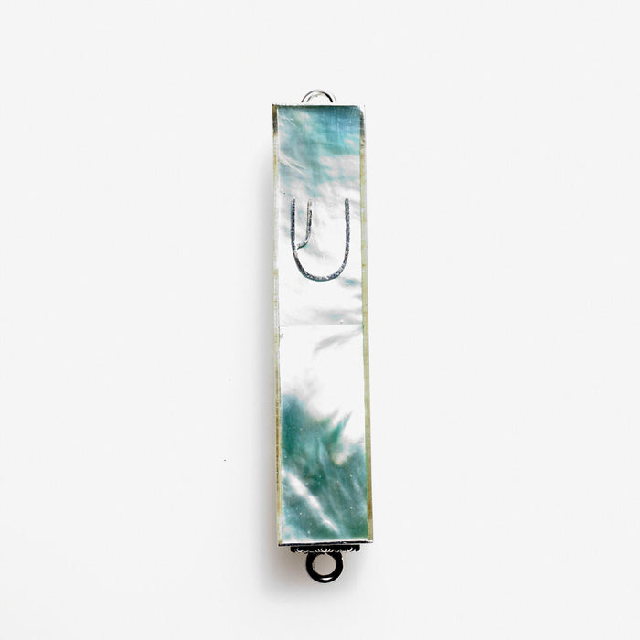 Green and white mother of pearl mini mezuzah case with silver shin and silver edge frame