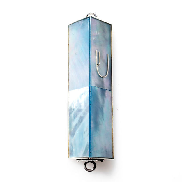 #HR-B533-BLU Blue Pale Mother of Pearl Triangle Sterling Silver Mezuzah — detail | Judaica Square Lakewood
