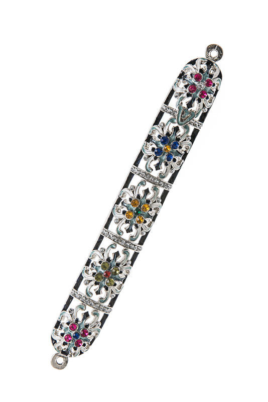 Long silver-tone mezuzah case set with pink, blue, gold and green stone flower clusters