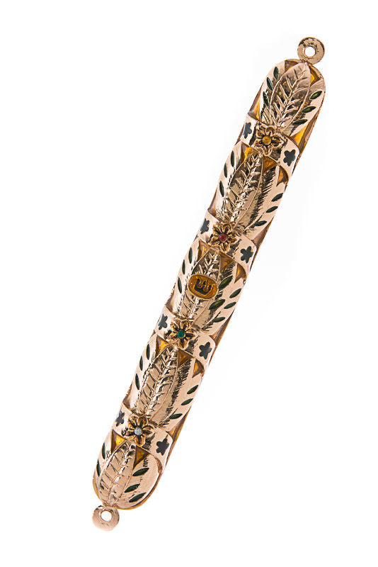 Copper-tone enamel mezuzah case with engraved leaves, small stones and a framed shin