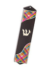 Dark wood mezuzah case with woven multicolor straw ends and a silver-tone shin