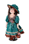 Abigail porcelain doll in teal satin dress and matching wide-brim hat with a small drawstring purse on a stand