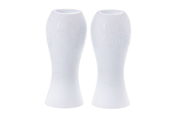 Pair of all-white opaque hourglass candlesticks with a subtle embossed band below the rims