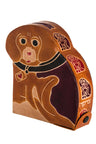 Tan tooled leather puppy tzedakah box with heart collar tag and dog portraits on the side