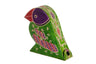 Green tooled leather parrot tzedakah box with purple head and red beak